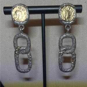 TAT2 earrings 2” dangle posts rhinestones silver tone coin